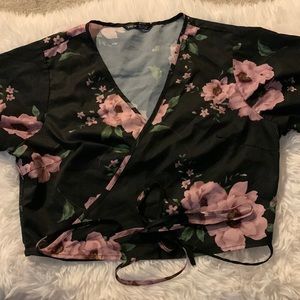Black and pink floral tie deep v neck shirt